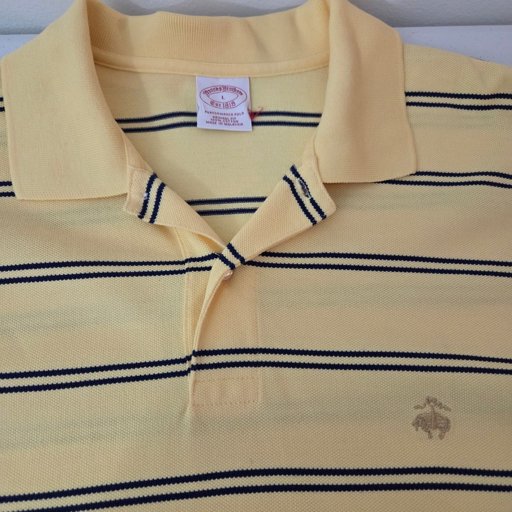Brooks Brothers Mens Large Yellow Navy Striped Polo Original Fit Cotton